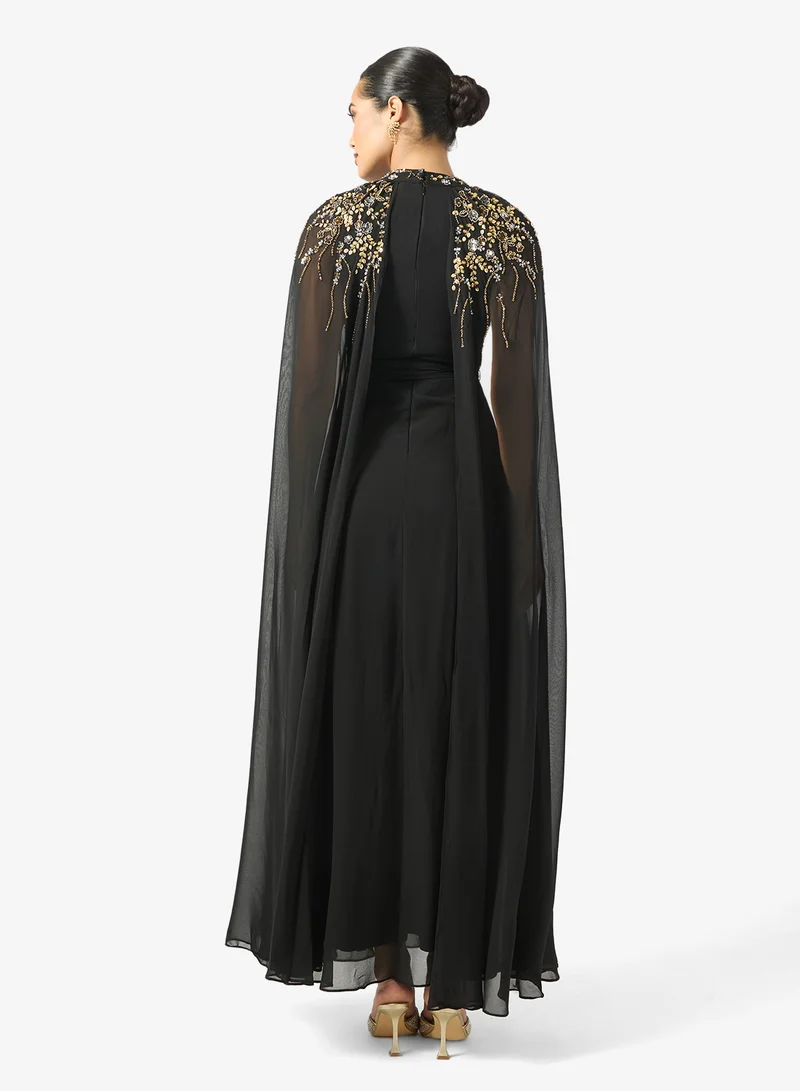 Frock and Frill Cape Sleeve Frill Detailed Embellished Maxi Dress