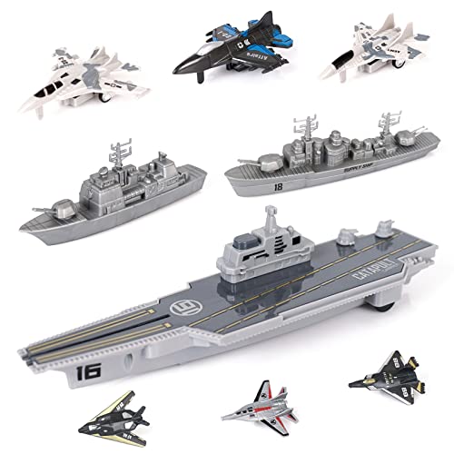 Crelloci Aircraft Carrier Military Naval Ship with Pull Back Army Fighter Jet Toy Small Scale Model Plane Submarine Kids Play Vehicle Set for Boy Girl Children - Image 1