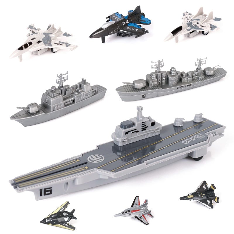 Crelloci Aircraft Carrier Military Naval Ship with Pull Back Army Fighter Jet Toy Small Scale Model Plane Submarine Kids Play Vehicle Set for Boy Girl Children - Image 2