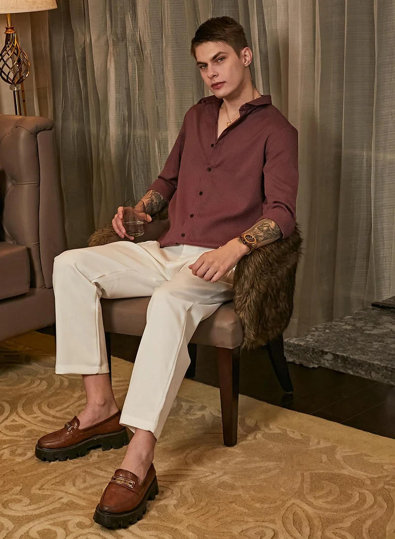 Campus Sutra Men's Wine Red Motif -Tactile Shirt