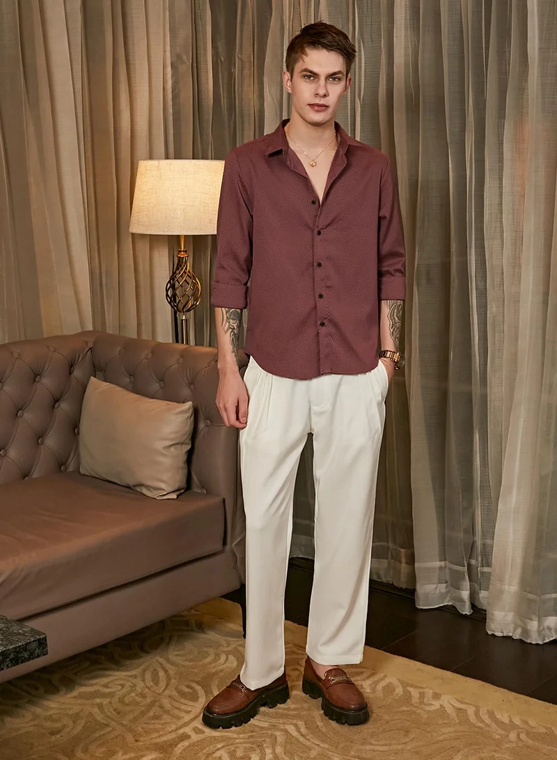 Campus Sutra Men's Wine Red Motif -Tactile Shirt
