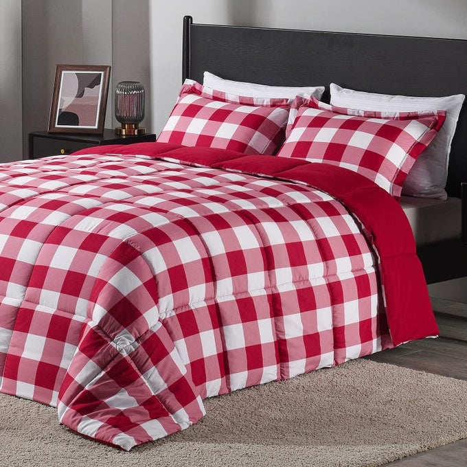LIGHTWEIGHT PLAID COMFORTER SET KING WITH 2 PILLOW SHAMS 3PIECE SET REDWHITE PLAID DOWN ALTERNATIVE REVERSIBLE COMFORTER