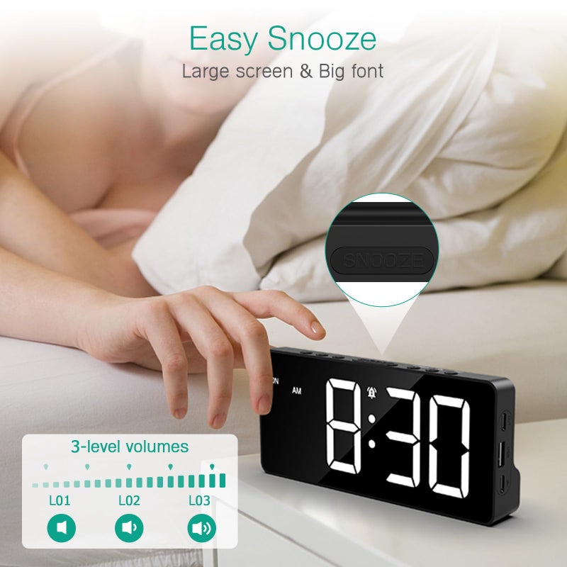 ORIA Digital Alarm Clock for Bedroom, LED Alarm Clock with Large Display, Rechargeable Desk Clock with Date, Adjustable Volume Brightness, Snooze, Type-C Port, for Home Office Living Room - Image 4