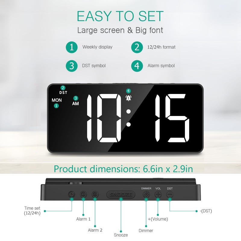 ORIA Digital Alarm Clock for Bedroom, LED Alarm Clock with Large Display, Rechargeable Desk Clock with Date, Adjustable Volume Brightness, Snooze, Type-C Port, for Home Office Living Room - Image 5