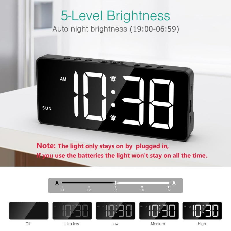 ORIA Digital Alarm Clock for Bedroom, LED Alarm Clock with Large Display, Rechargeable Desk Clock with Date, Adjustable Volume Brightness, Snooze, Type-C Port, for Home Office Living Room - Image 3