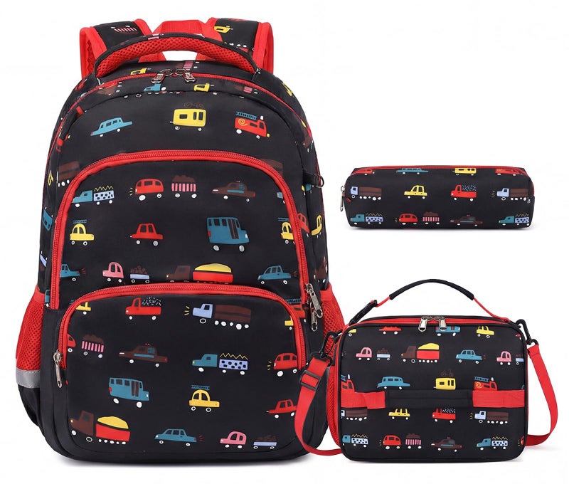 mygreen Kids Backpack Set 3in1 School Backpack with Lunch Box Pencil Case for Boys Girls Lightweight Durable for Daycare Picnic Outdoor Travel Black Red Car - Image 2