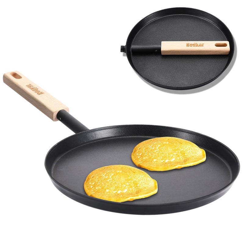 bodkar Frying Pan Skillet 8inch Flat Griddle Pan Lightweight Small Grill Pan with Wooden Handle for Camping Indoor Outdoor Cooking