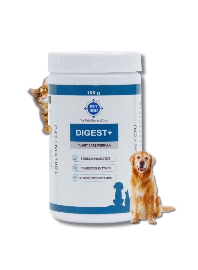 بيت360 PET360 Digest+ Tummy Care Formula | مكمل صحة الأمعاء للكلاب والقطط | البروبيوتيك والبريبايوتكس والإنزيمات الهضمية والفيتامينات لتحسين الهضم والمناعة | مناسب لجميع السلالات - 100 جم - Image 1