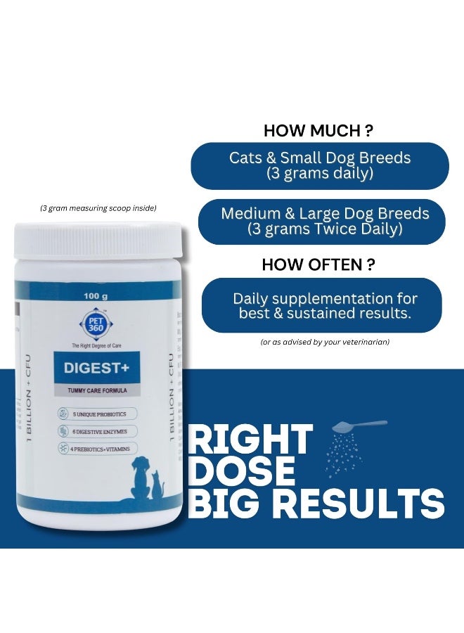بيت360 PET360 Digest+ Tummy Care Formula | مكمل صحة الأمعاء للكلاب والقطط | البروبيوتيك والبريبايوتكس والإنزيمات الهضمية والفيتامينات لتحسين الهضم والمناعة | مناسب لجميع السلالات - 100 جم - Image 5