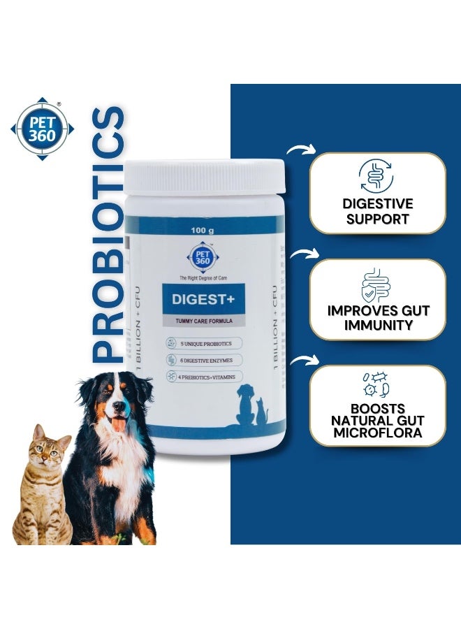 بيت360 PET360 Digest+ Tummy Care Formula | مكمل صحة الأمعاء للكلاب والقطط | البروبيوتيك والبريبايوتكس والإنزيمات الهضمية والفيتامينات لتحسين الهضم والمناعة | مناسب لجميع السلالات - 100 جم - Image 3
