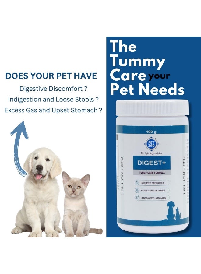 بيت360 PET360 Digest+ Tummy Care Formula | مكمل صحة الأمعاء للكلاب والقطط | البروبيوتيك والبريبايوتكس والإنزيمات الهضمية والفيتامينات لتحسين الهضم والمناعة | مناسب لجميع السلالات - 100 جم - Image 2