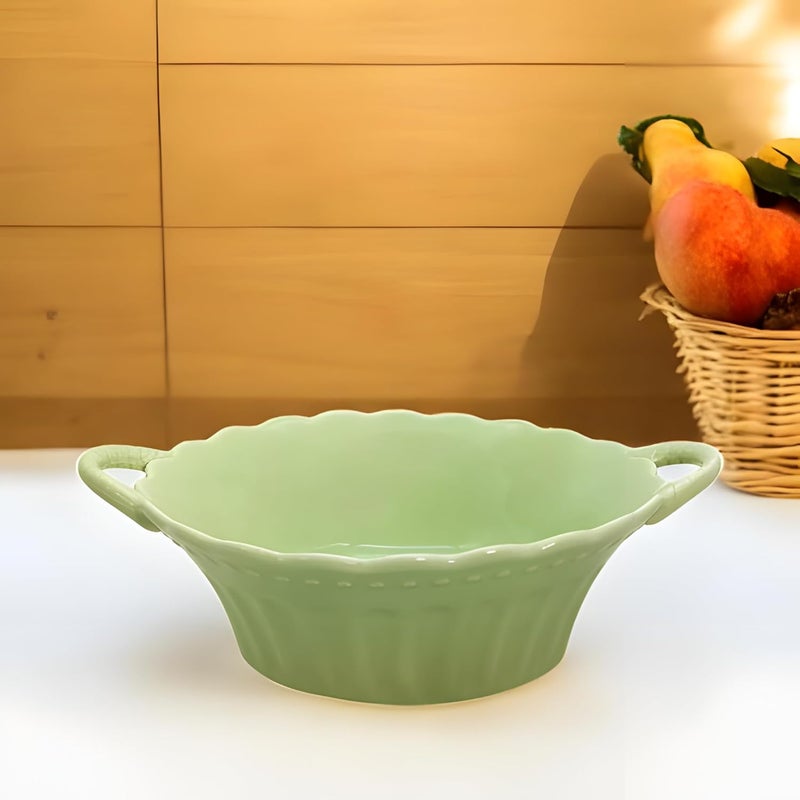 Lemon Tree Round Deep Serving Bowl with Double Handle Microwave Dishwasher Safe for Serving Snacks Pasta Salads Desserts Nachos Chips Vegetables and Savouries Green - Image 2