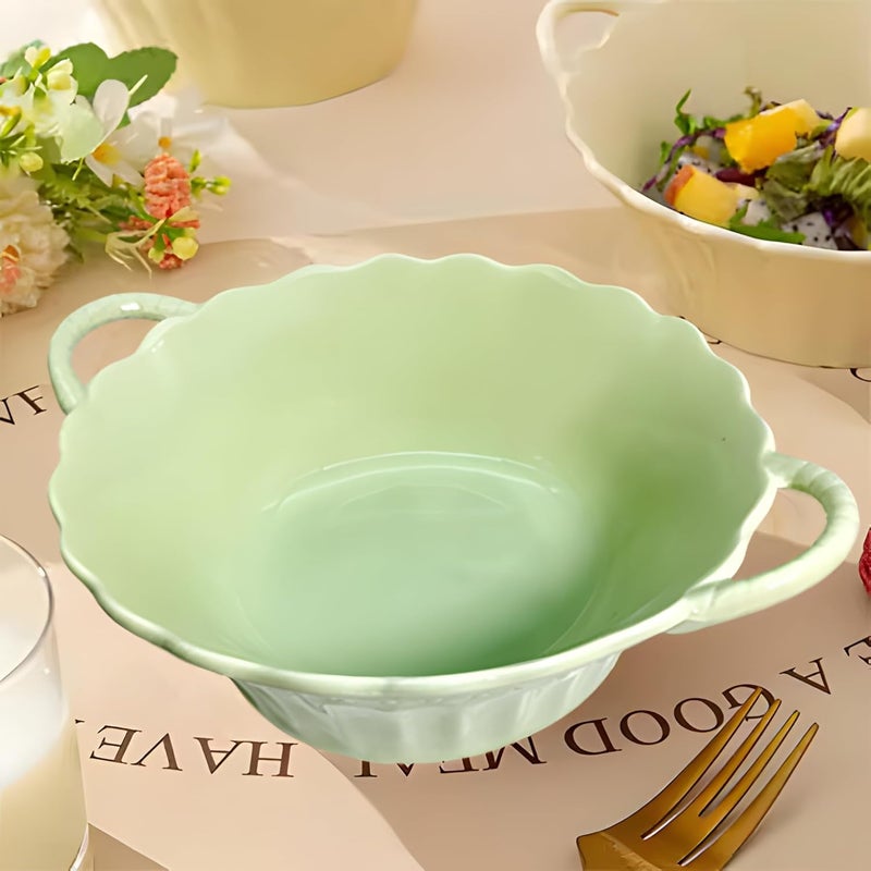 Lemon Tree Round Deep Serving Bowl with Double Handle Microwave Dishwasher Safe for Serving Snacks Pasta Salads Desserts Nachos Chips Vegetables and Savouries Green - Image 1