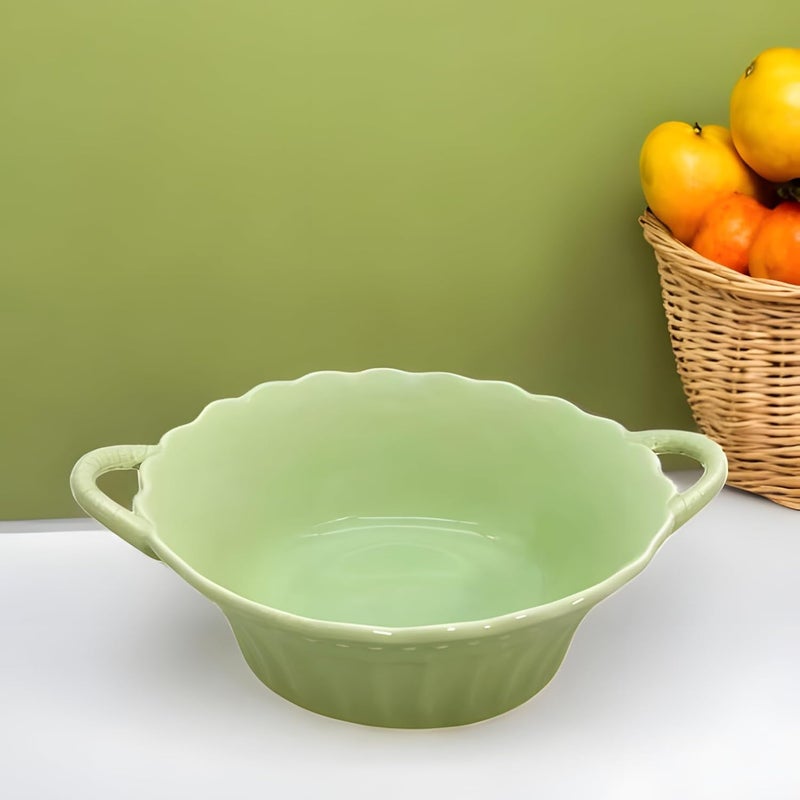 Lemon Tree Round Deep Serving Bowl with Double Handle Microwave Dishwasher Safe for Serving Snacks Pasta Salads Desserts Nachos Chips Vegetables and Savouries Green - Image 3