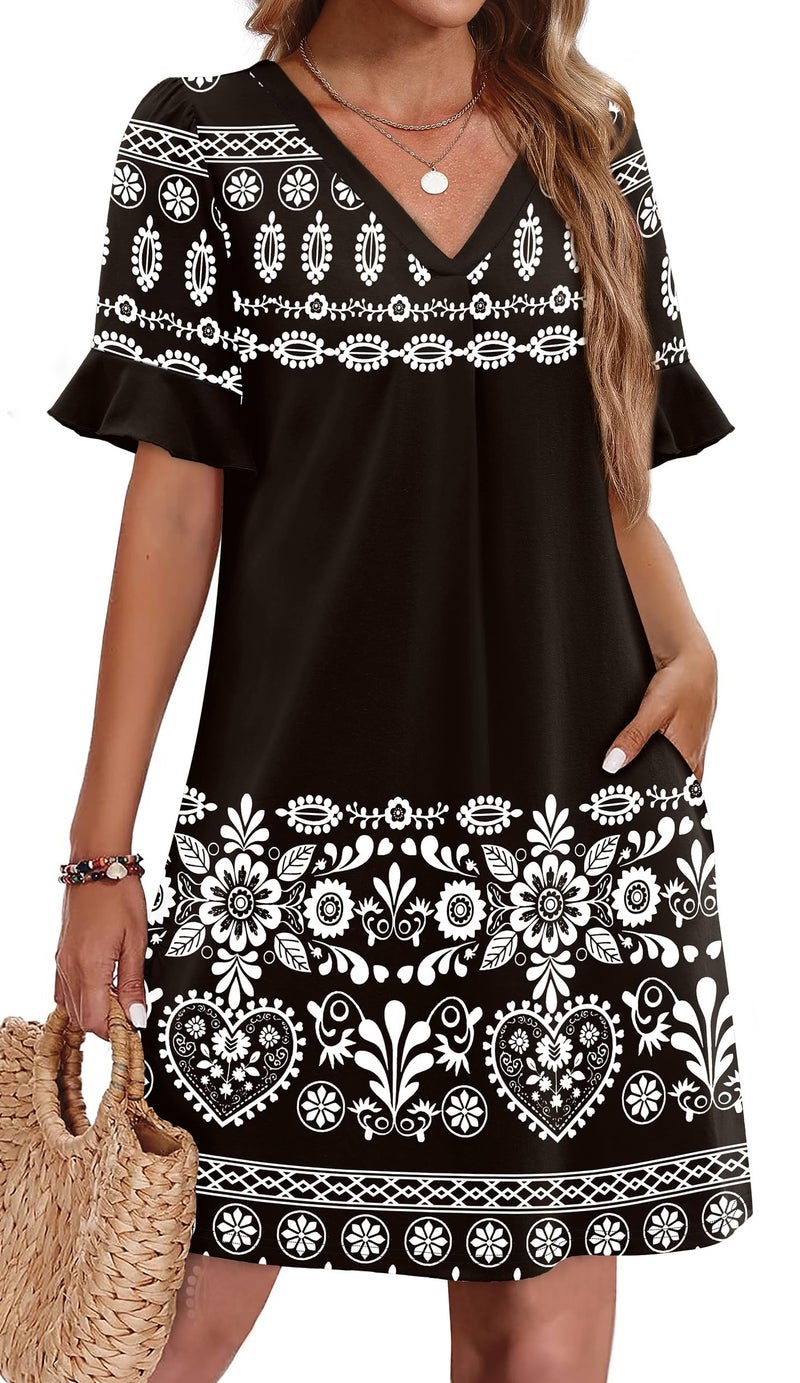 OFEEFAN Summer Dresses for Women 2026 Floral Black Sundresses Short Sleeve V Neck Beach Dress with Pockets L - Image 1