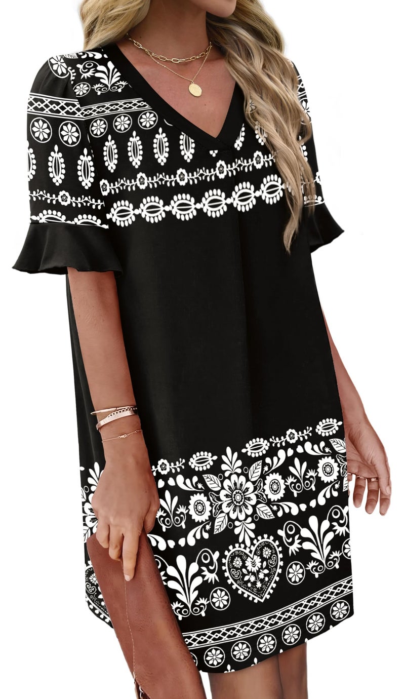 OFEEFAN Summer Dresses for Women 2026 Floral Black Sundresses Short Sleeve V Neck Beach Dress with Pockets L - Image 3