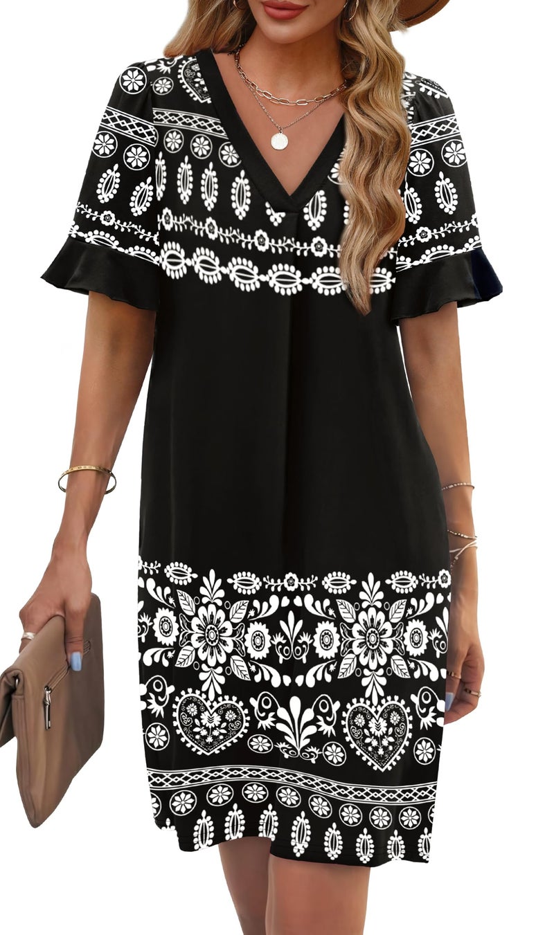 OFEEFAN Summer Dresses for Women 2026 Floral Black Sundresses Short Sleeve V Neck Beach Dress with Pockets L - Image 2