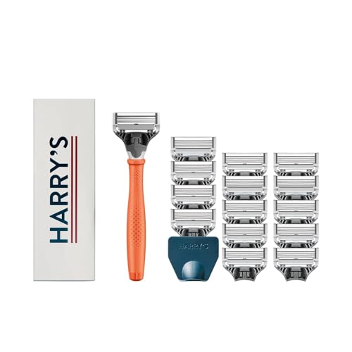Harry's Original Shaving Kit for Men - Razor Handle, 15 Razor Blade Refills, and Travel Blade Cover - German Engineered - Orange - Image 1