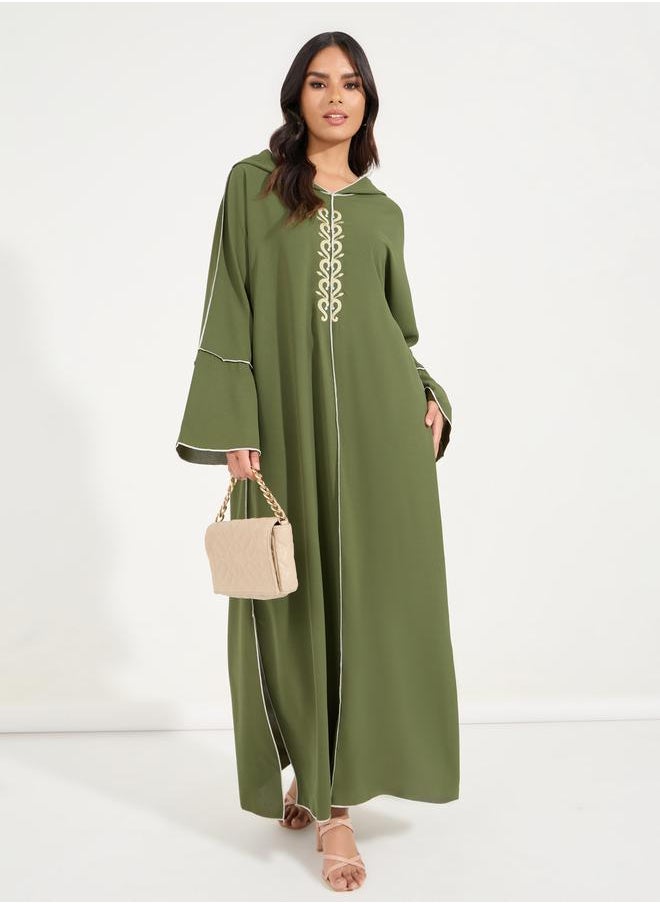 Styli Embroidered Cotton Mix Hooded Kaftan Maxi Dress  - Image 1