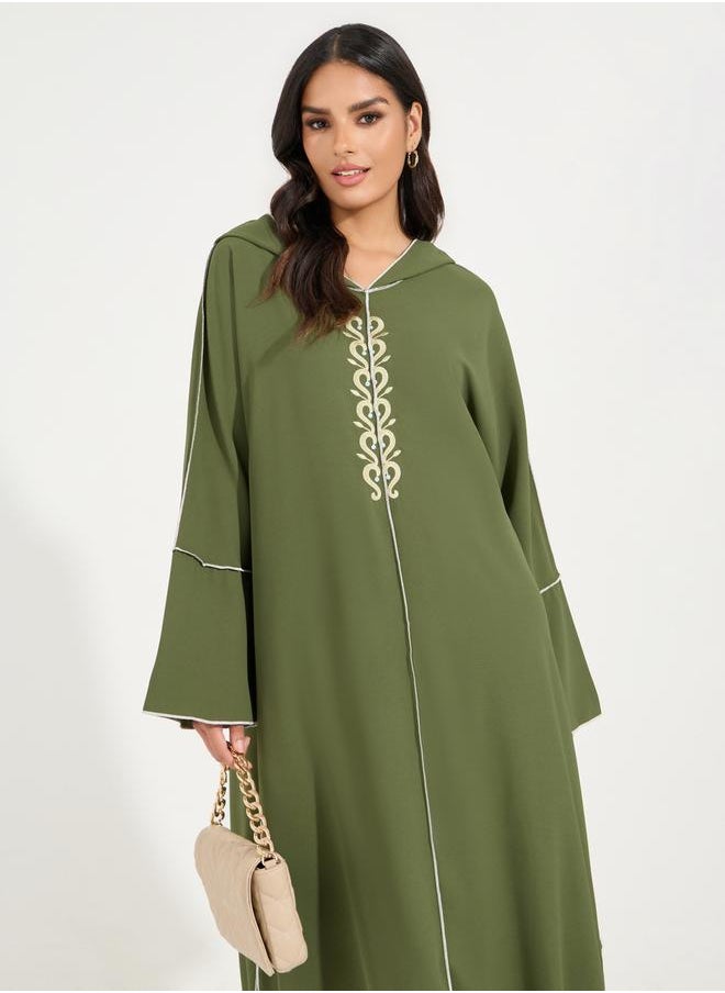 Styli Embroidered Cotton Mix Hooded Kaftan Maxi Dress  - Image 4