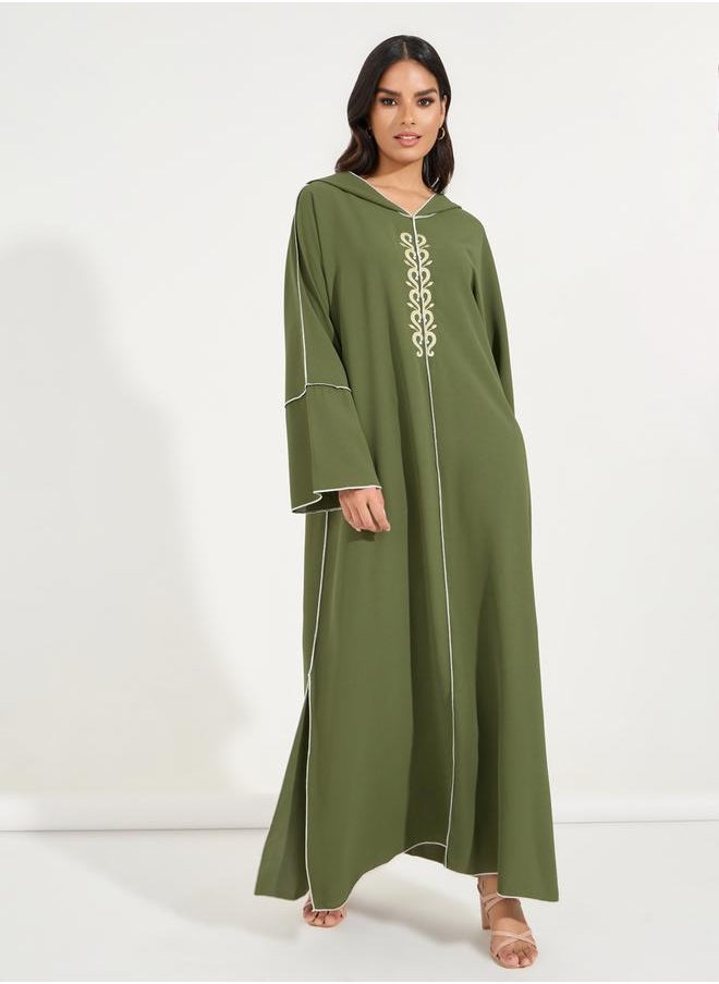 Styli Embroidered Cotton Mix Hooded Kaftan Maxi Dress  - Image 5
