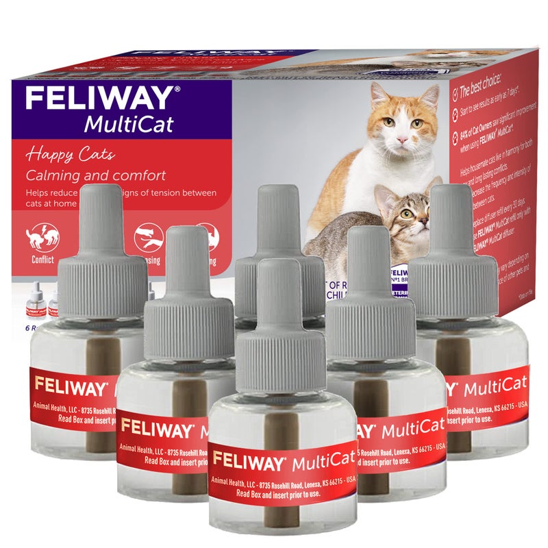 Feliway فيلواي® مالتي كات 6 × 30 يوم إعادة تعبئة مهدئات القطط لموزع الفيرومون، 6 × 48 مل حزمة قيمة - يساعد في تقليل النزاعات وعلامات التوتر في المنازل التي تحتوي على عدة قطط - Image 1