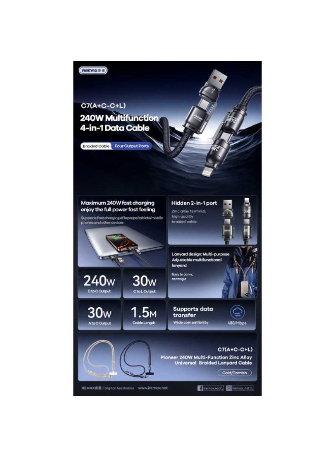 ريماكس كابل شحن متعدد الوظائف 2 في 2 C7، كابل شحن سريع 240 وات، USB/Type-C إلى Type-C وLightning، تصميم مضفر متين بطول 1.5 متر مع حبل معلق، هيكل مرن قوي، توافق عالمي ومزامنة بيانات - أسود - Image 3