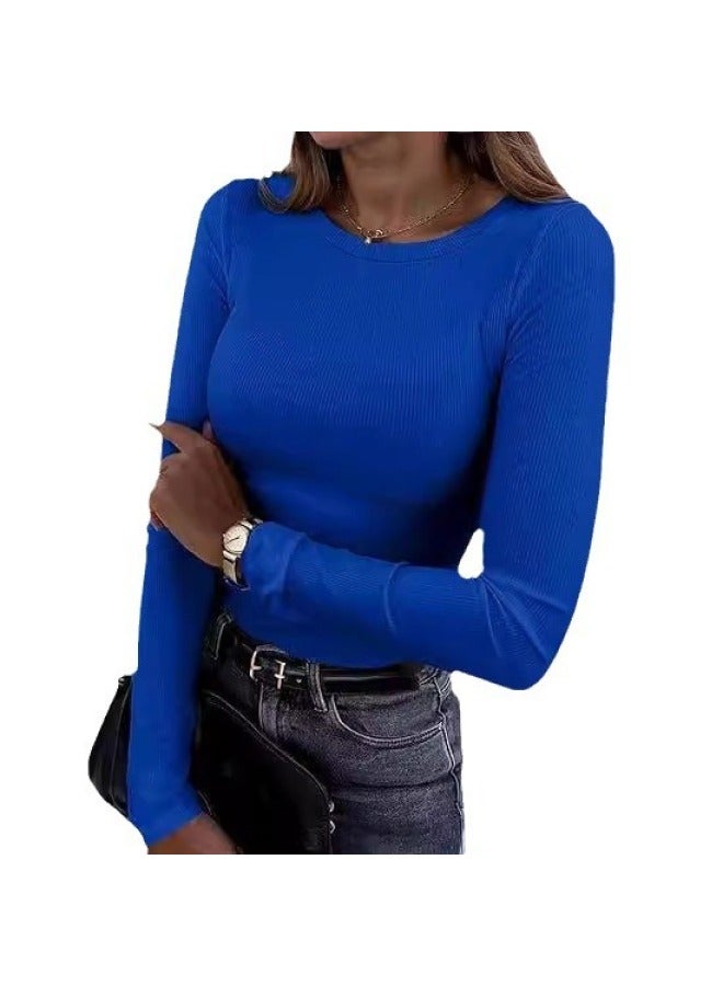 European And American New Women's Long-sleeved Elastic Round Neck Rib T-shirt Slim-fit Casual Basic Top