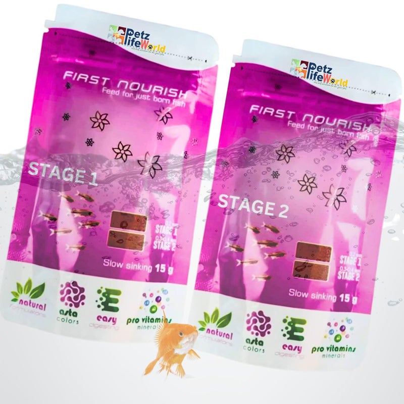 VAYINATO Wa First Nourish|Feed For Just Born Fish|Stage 1 (0.2Mm), 15 Grams & Stage 2 (0.3-0.4Mm), 15 Grams Combo, Slow Sinking Baby Fish Food For All Types Of Baby Fishes - Powder - Image 1