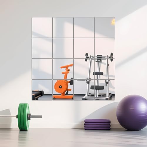 Ruomeng Home Gym Mirrors 12" x 12" x 16Pcs Wall Mounted Mirror Glass Frameless Full Length Mirror Tiles for Home Gym, Bedroom, Door & Bathroom - Image 1
