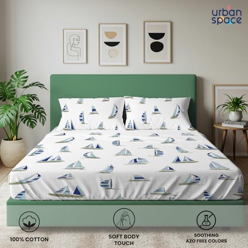 Urban Space 144 TC Divine 100% Cotton Bedsheet for King Bed, Cotton Bedsheet with 2 Pillow Covers (Size 108 x 108 inches, Ocean Boats Blue, King Size) - Image 2