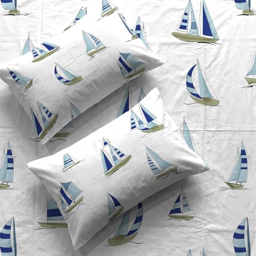 Urban Space 144 TC Divine 100% Cotton Bedsheet for King Bed, Cotton Bedsheet with 2 Pillow Covers (Size 108 x 108 inches, Ocean Boats Blue, King Size) - Image 5