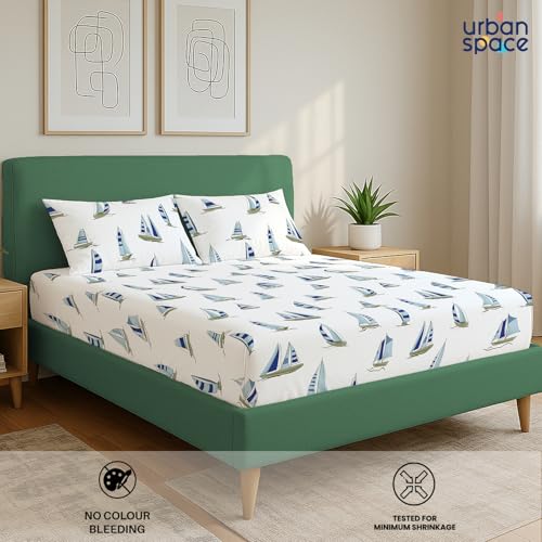 Urban Space 144 TC Divine 100% Cotton Bedsheet for King Bed, Cotton Bedsheet with 2 Pillow Covers (Size 108 x 108 inches, Ocean Boats Blue, King Size) - Image 3
