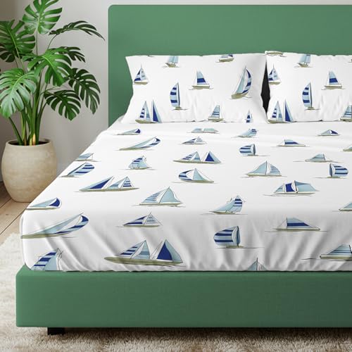 Urban Space 144 TC Divine 100% Cotton Bedsheet for King Bed, Cotton Bedsheet with 2 Pillow Covers (Size 108 x 108 inches, Ocean Boats Blue, King Size) - Image 1