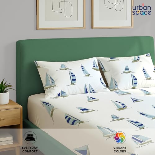 Urban Space 144 TC Divine 100% Cotton Bedsheet for King Bed, Cotton Bedsheet with 2 Pillow Covers (Size 108 x 108 inches, Ocean Boats Blue, King Size) - Image 4