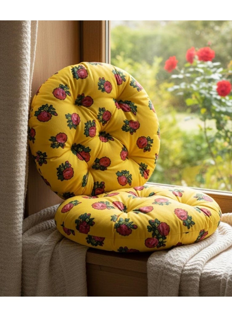 أي كي دي سي وسادة دائرية مزخرفة بنقشة زهور من AKDC للأريكة والكرسي الجانبي - قماش قطني أصفر، 45×7 سم - Image 2