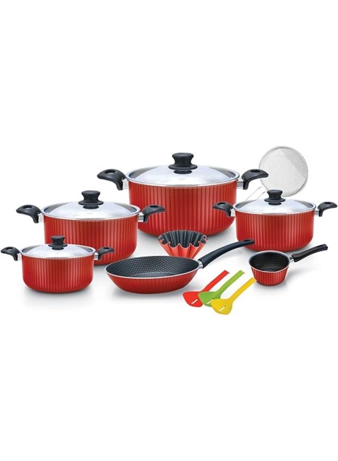 Trueval 15-Piece Cookware Set (Pot 16, 18, 20, 26 - Frying Pan 24 - Brioche 12 - Roasting Rack - Serving Piece), classic red - Image 1