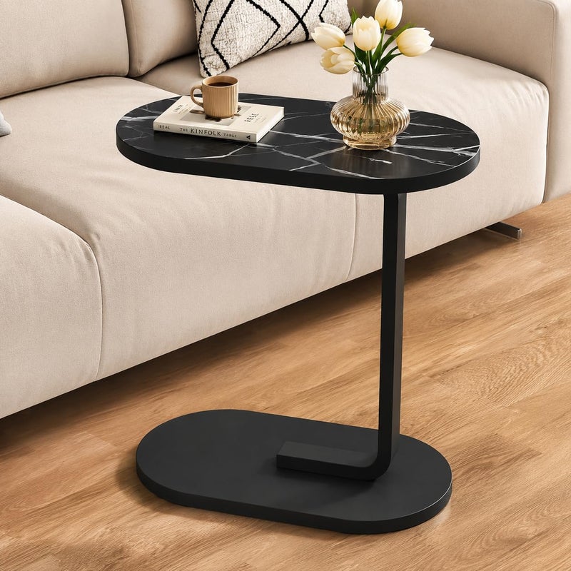 Modern Side Coffee Table Compact Living Room Accent Furniture Wooden Top Metal Stand Sofa Bedside Snack Laptop Holder Minimal Design Space Saving Home Decor Use (Marble Black) - Image 1