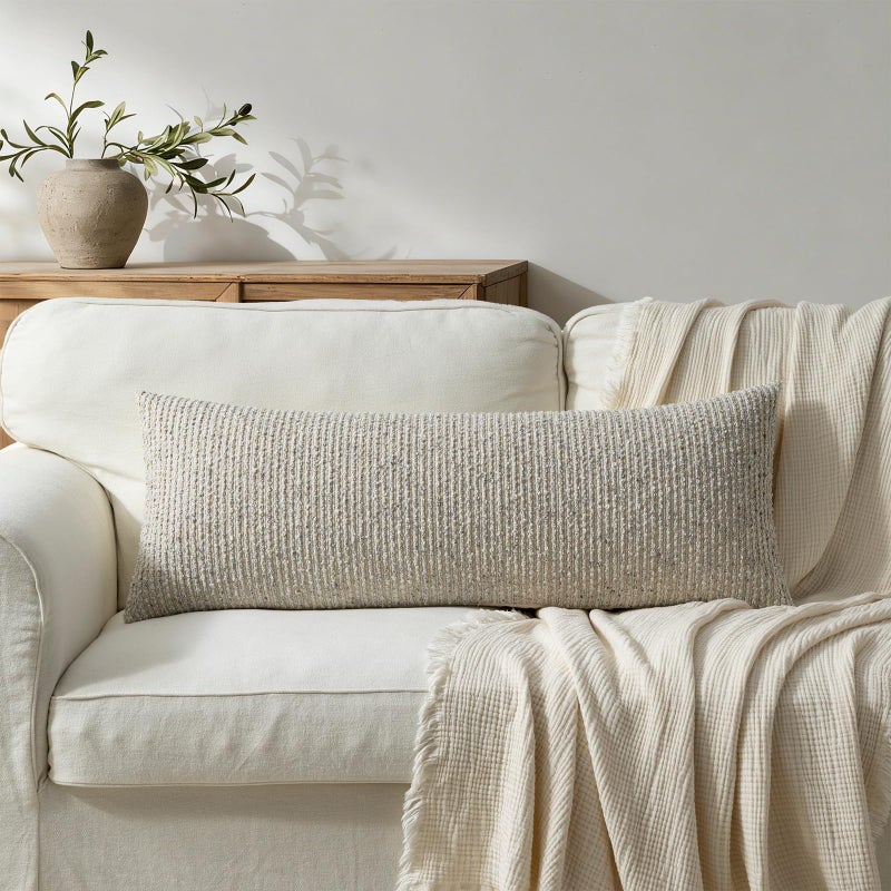 DEZENE 14x36 Cream Grey Decorative Body Pillow Cover for Bed Textured Boucle Striped Chic Morden Boho Accent Farmhouse Rectangular Long Lumbar Throw Pillow Case for Bedroom Living Room Home Decor Couch Sofa - Image 4