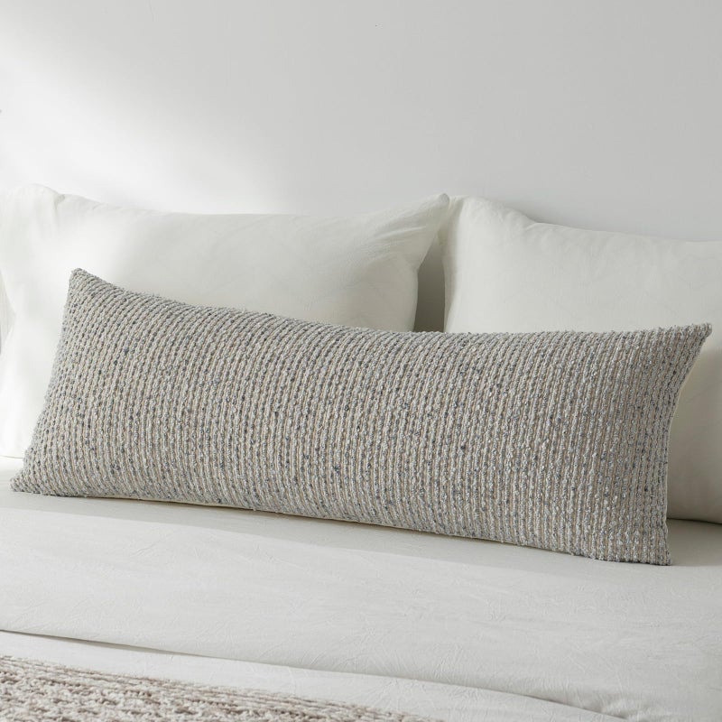DEZENE 14x36 Cream Grey Decorative Body Pillow Cover for Bed Textured Boucle Striped Chic Morden Boho Accent Farmhouse Rectangular Long Lumbar Throw Pillow Case for Bedroom Living Room Home Decor Couch Sofa - Image 1