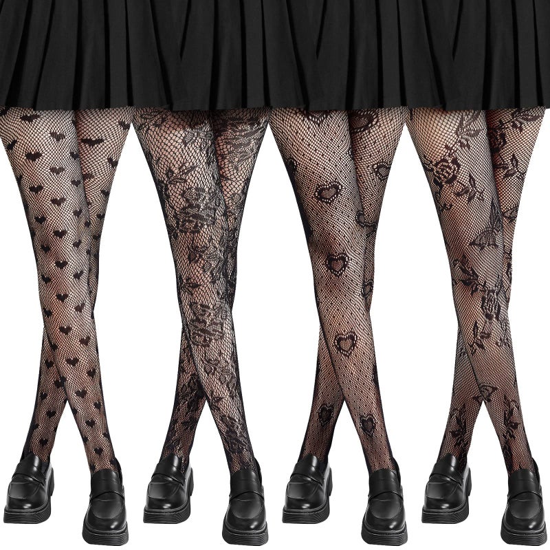 Vabean 4 Pairs Women Patterned Fishnet Tights High Waist Lace Heart Floral Butterfly Fishnet Stocking Goth Leggings Pantyhose - Image 1