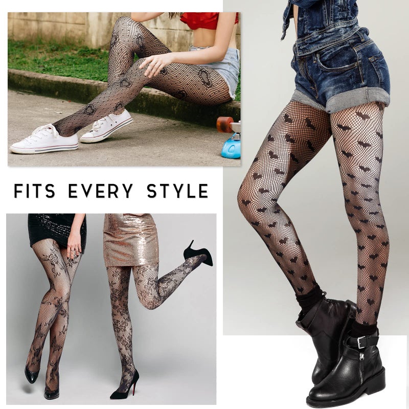 Vabean 4 Pairs Women Patterned Fishnet Tights High Waist Lace Heart Floral Butterfly Fishnet Stocking Goth Leggings Pantyhose - Image 5