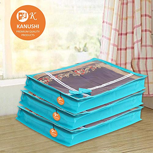 KANUSHI® Set Of 6 Pc Flower Design Transparent Saree Cover/Bag with Stainless Steel Zip Lock Combo(Large) (Light Green) - Image 2