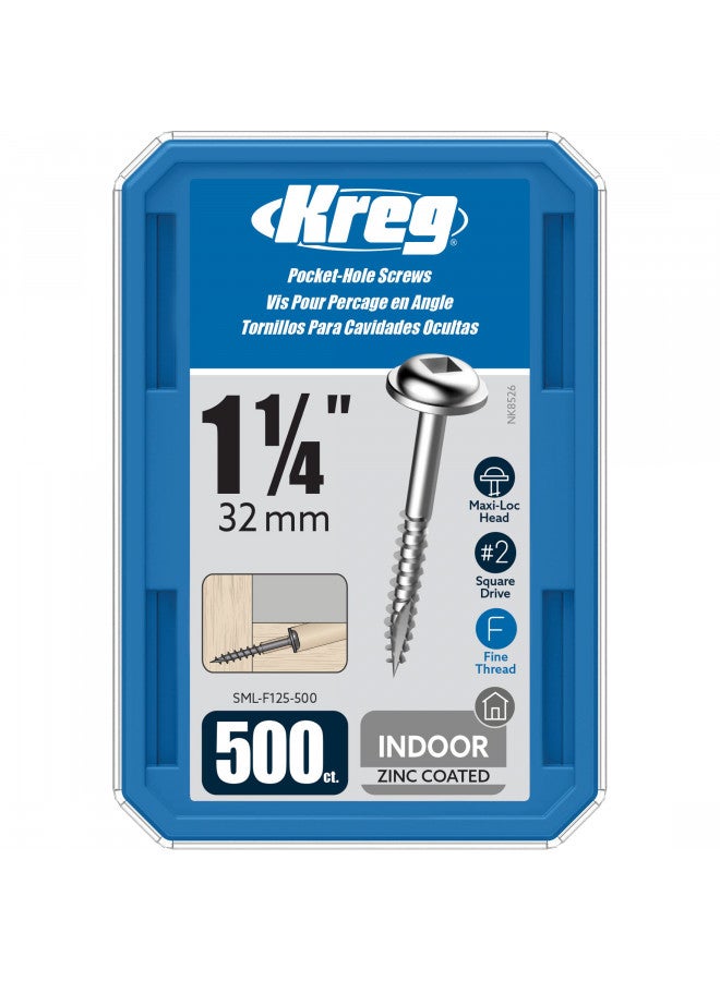 Kreg Kreg SML-F125-5000 Zinc Pocket Screws, 1 1/4 Inch, 7 Fine Thread, Maxi-Loc Head (500 Count) 