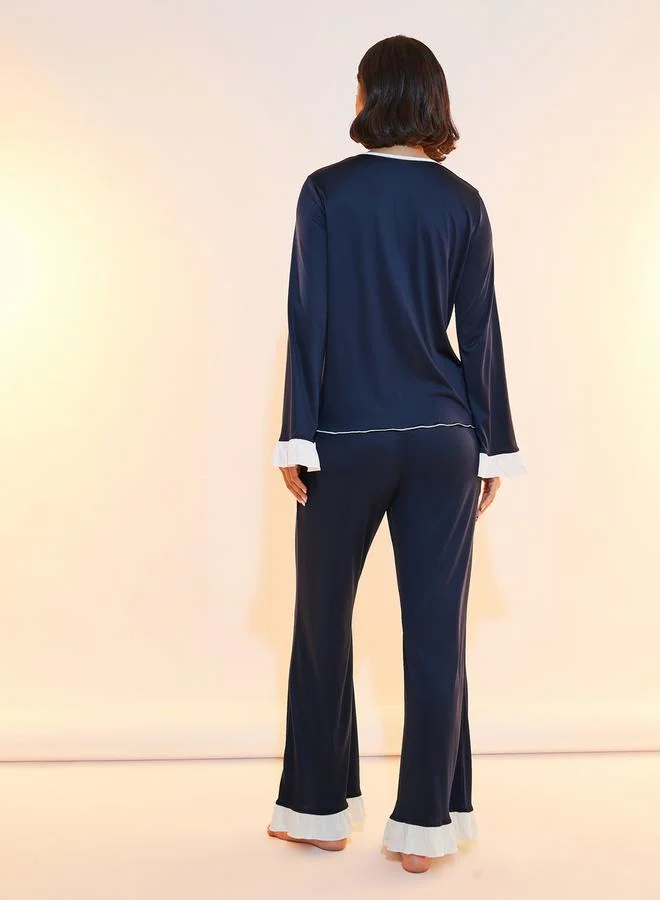 Take Two Contrast Edge V Neck Top & Pyjama Set