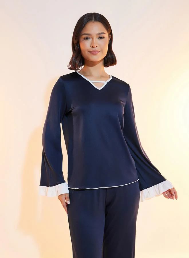 Take Two Contrast Edge V Neck Top & Pyjama Set
