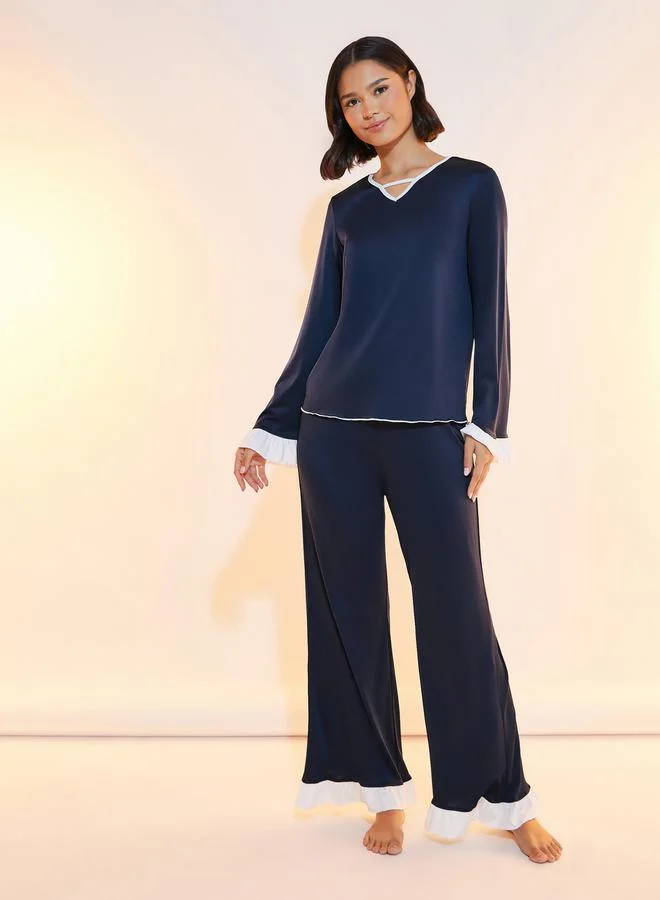 Take Two Contrast Edge V Neck Top & Pyjama Set