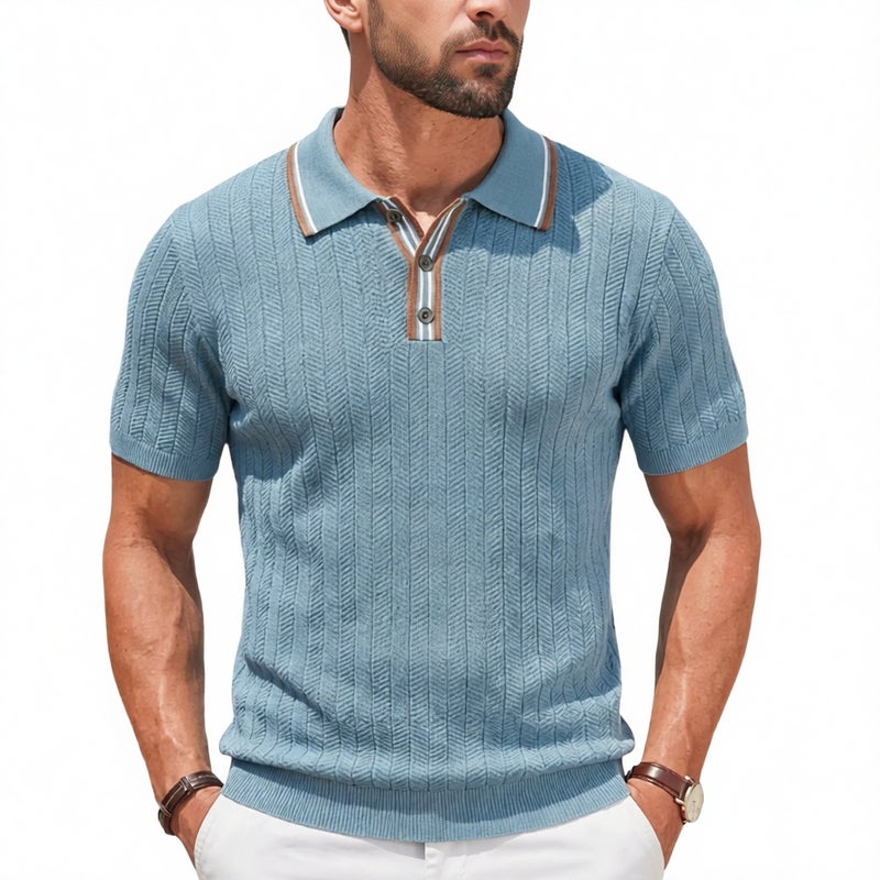 Men's Summer Short Sleeve Knit Polo Shirt Business Casual Striped Collar T-Shirt - Image 1
