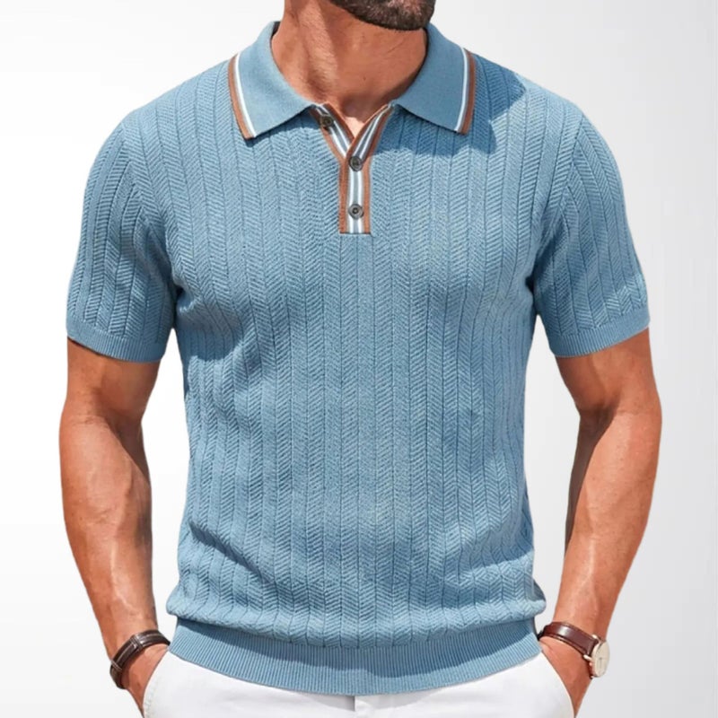Men's Summer Short Sleeve Knit Polo Shirt Business Casual Striped Collar T-Shirt - Image 2