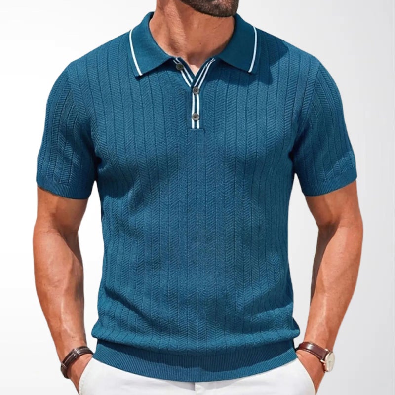 Men's Summer Short Sleeve Knit Polo Shirt Business Casual Striped Collar T-Shirt - Image 3